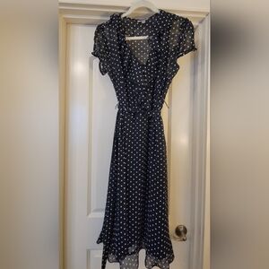 dressbarn Navy Asymmetrical Polka Dot Dress